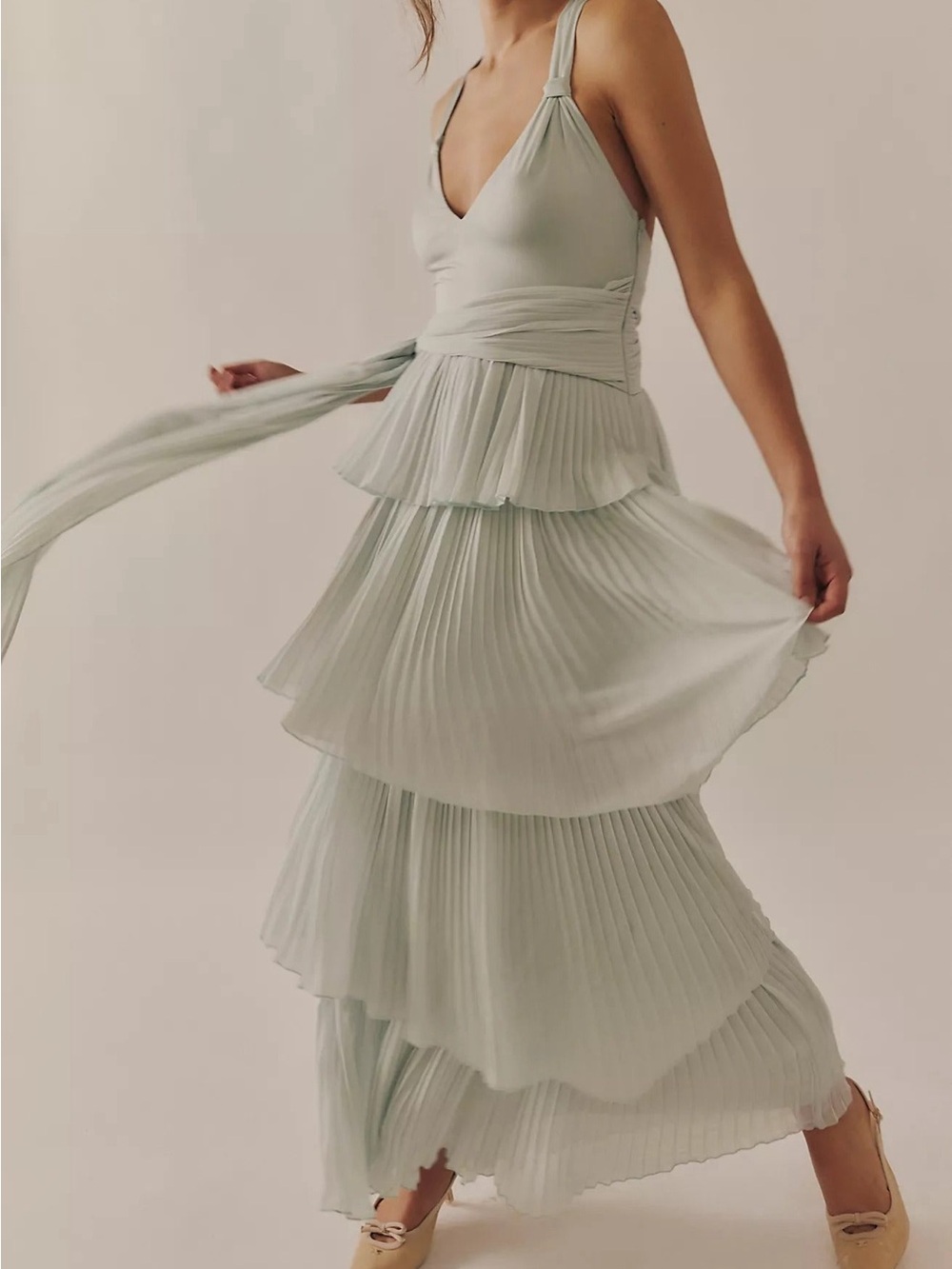 Free People Sola Tiered Pleated V-Neck Maxi Dress in Pale Sage